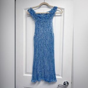 Handmade Blue Crochet Cover-Up Dress – Shimmer Open Knit S/M